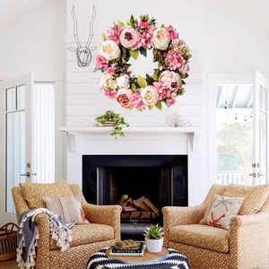 16 inch artificial peony wreath with pink silk flowers for front door and home wall decor