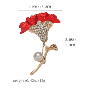 Detail view of red carnation brooch dimensions 1.29x2.08 inches with pearls and crystals