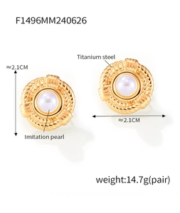 Detail view of gold-plated geometric twisted earrings with pearl inlay showing size 2.1cm