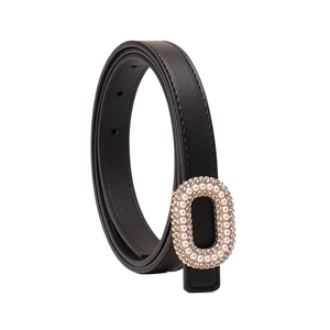 Elegant black leather belt featuring a gold buckle with pearls and rhinestones on white