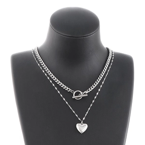 Double-layer silver stainless steel necklace with heart pendant and toggle clasp