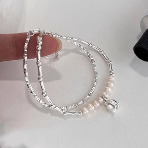Elegant s925 silver lily of the valley bracelet with freshwater pearls and bamboo chain