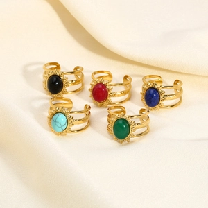 Gold stainless steel double band rings with colorful oval natural stones for women