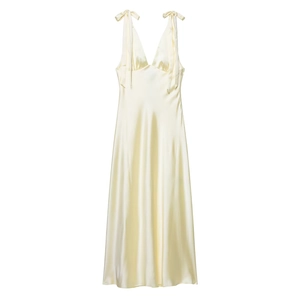 Elegant Satin V Neck Midi Dress With Bow Shoulder Straps Sleeveless Solid Color Cream Evening Party Commuter Dress For Women