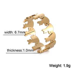 Detail view of golden stainless steel frog ring showing width 6.7mm and thickness 1.0mm
