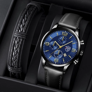 Vue détaillée d'une montre à quartz pour homme avec date et coffret bracelet en cuir