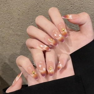 Handmade Press On Nails Blush Gradient Purple Starry Sky Design With Gold Star Moon Metal Charms Rhinestone Nail Patches
