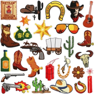 Macro detail of high-quality embroidery texture on western cowboy-themed patches for clothing