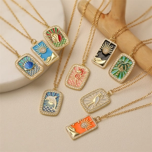 Tarot Card Style Pendant Necklace Copper Colorful Enamel Micro Pave Zircon Seahorse Sun Palm Tree Bohemian Jewelry Women