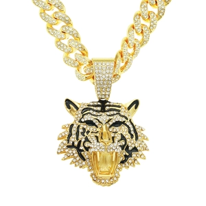 Iced Out Tiger Head Pendant Necklace Zinc Alloy Rhinestone Cuban Link Chain Hip Hop Streetwear Jewelry For Men