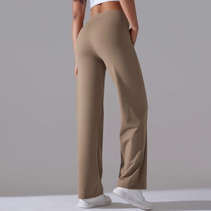 Detail of high-waist wide-leg yoga pants showing breathable fabric and rear fit