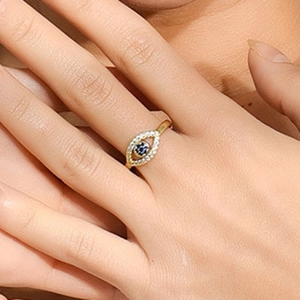 18K gold plated copper evil eye ring with blue zircon inlay and open adjustable design