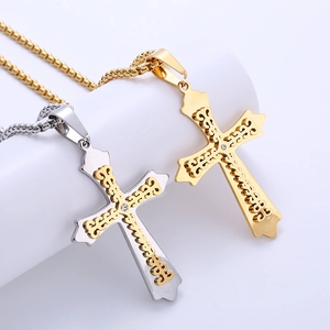Double Layer Hollow Cross Pendant Necklace 316L Stainless Steel Rhinestone Religious Fashion Jewelry For Men Women