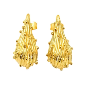 Golden titanium steel teardrop earrings with textured thorn pattern for women