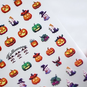 3D embossed Halloween nail stickers featuring pumpkins, ghosts and bats on a white background