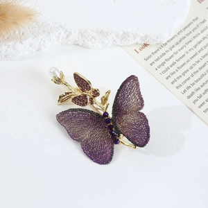 Elegant purple butterfly and flower brooch with embroidery and freshwater pearl accent