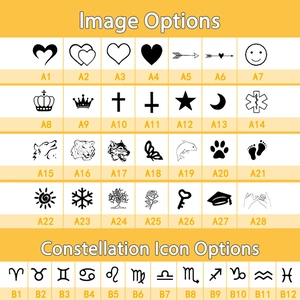 Custom icon chart for laser engraving featuring zodiac signs and universal symbols
