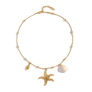 Golden stainless steel necklace featuring starfish and seashell pendants with small beads