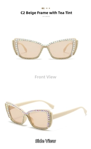 Macro detail of luxury cat eye sunglasses with beige frames and crystal embellishments