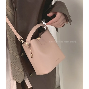 Minimalist light pink leather bucket bag with handle and gold metal hook crossbody strap