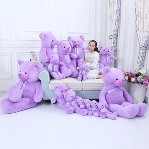 Detailed comparison of various sizes of purple teddy bears with silk bow ties