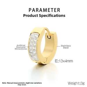 Detailed size parameters of gold stainless steel hoop earrings with double row crystals