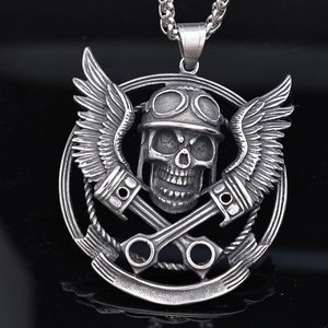 Retro motorcycle skull pendant with wings and pistons made of stainless steel