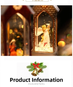 Detail of Christmas lantern with angel sculpture inside and warm glowing LED lights