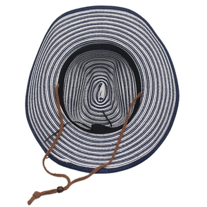 Detail of blue striped straw hat with woven chin strap and adjustable toggle