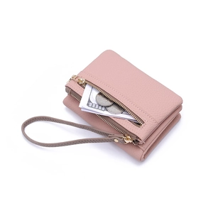 Pink PU leather minimalist women wallet with dual zippers and a detachable wrist strap