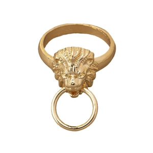 Gold-plated lion head ring featuring a classic door knocker design with a metal ring