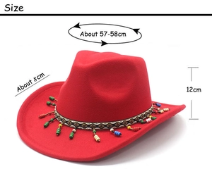 Detail view of red wool cowboy hat showing 8cm brim width and 57-58cm head size