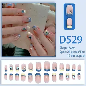 Blue and yellow French press-on nails with 3D stars and rhinestones 24pcs set