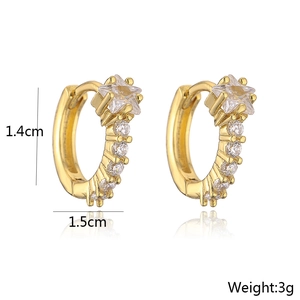 Detail shot of gold-plated hoop earrings with cubic zirconia and 1.4cm by 1.5cm dimensions
