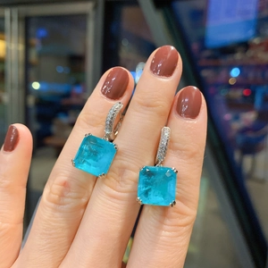 Square Paraiba blue gemstone drop earrings with micro-paved silver hooks on hand