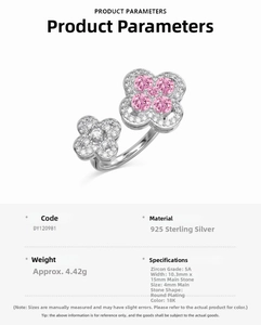 Detail view of S925 sterling silver four-leaf clover ring with pink and white zirconia stones