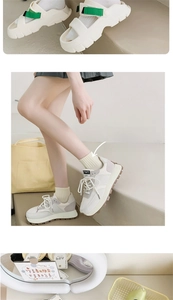 Detail of platform sandals with green velcro straps and stylish thick-soled sneakers