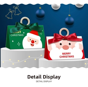 Detailed view of red and green Christmas gift bags with Santa Claus and wooden handles