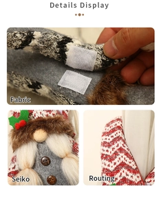 Detail of Christmas gnome plush featuring felt fabric, knit textures and velcro closure