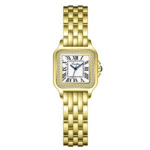 Women's gold square watch with roman numerals, crystal bezel and metal link bracelet