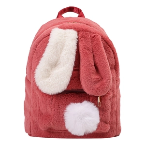 Cute red plush bunny ear backpack for women with soft faux fur and white pompom tail