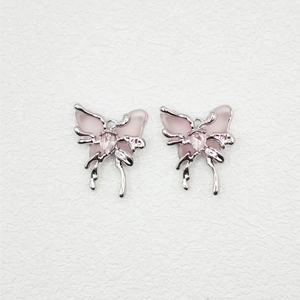 Exquisite pink butterfly earrings with silver fringe tassels and crystal centerpieces