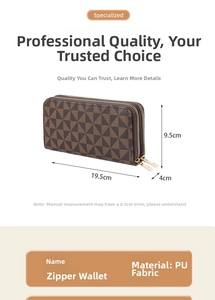 Detailed view of large brown PU leather double-zipper wallet with dimensions 19.5cm x 9.5cm