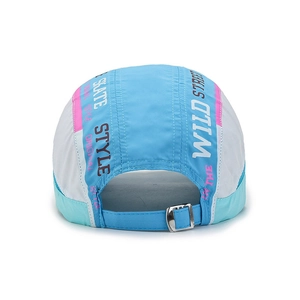 Rear view of a quick-dry mesh baseball cap with metal buckle and skate style print