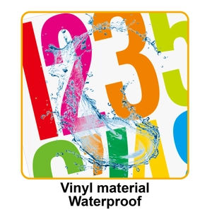 Macro shot of waterproof vinyl letter stickers showing realistic water splash effect