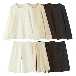 Women Ribbed Knit Pullover Sweater And Drawstring Shorts Casual Loungewear Cozy Streetwear Solid Color