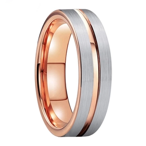 Two-tone rose gold and silver brushed tungsten steel ring with polished inner surface