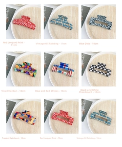 Collection of 11cm large acetate hair claws in leopard, floral, and checkered patterns