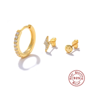 Sterling silver 925 gold-plated earrings set with star, lightning, and evil eye charms