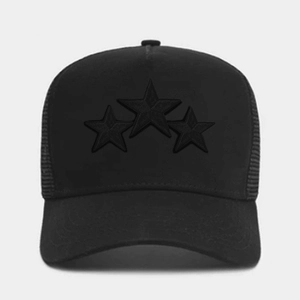 Adjustable black trucker cap with five-pointed star embroidery and breathable mesh back